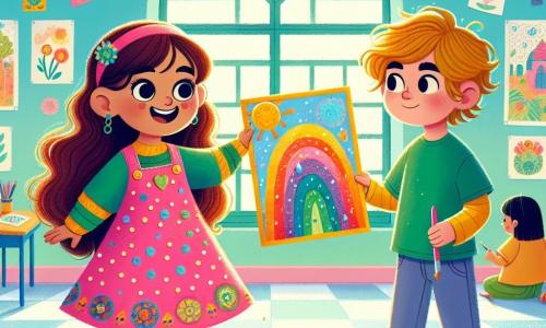 Lila, une petite fille de 4 ans aux longs cheveux bruns et aux yeux pétillants, sourit joyeusement en tenant un dessin coloré d'une flaque d'eau. Elle porte une robe rose à pois et des bottes jaunes brillantes. À côté d'elle, Paul, un garçon de 4 ans avec des cheveux blonds en bataille et un t-shirt vert, admire son dessin avec émerveillement. Ils se trouvent dans une salle de classe lumineuse aux murs bleu clair, entourés de dessins accrochés. Lila et Paul partagent un moment de créativité et de joie en découvrant la beauté de leurs œuvres.