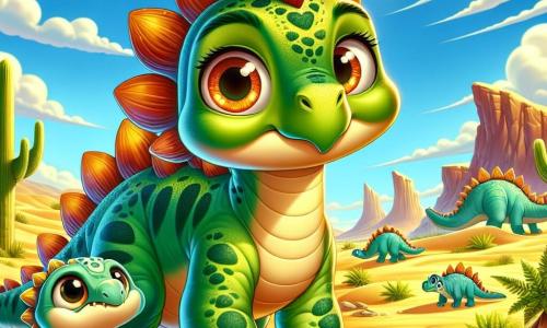 Une jeune stégosaure nommée Sira, aux écailles vertes et aux plaques dorsales orange vif, se tient sur le sommet d'une dune dorée, son regard déterminé. À ses côtés, son petit frère Milo, un stégosaure plus petit avec des écailles bleu pâle, se blottit contre elle, ses yeux ronds et effrayés. En arrière-plan, le paysage désertique est parsemé de fougères géantes et de rochers étranges, sous un ciel bleu éclatant avec des nuages blancs. Sira est prête à affronter l'inconnu, tandis que des ombres mystérieuses se dessinent au sommet de la dune, suggérant la présence d'autres dinosaures. L'atmosphère est excitante et tendue, avec un sentiment d'aventure palpable.
