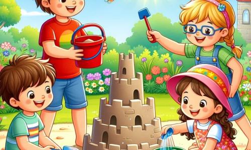 Dans un jardin ensoleillé, quatre amis s'activent joyeusement à construire un château de sable. Léo, 7 ans, avec des cheveux bruns en désordre, porte un t-shirt rouge et un short bleu, tenant un seau rouge. Mia, 6 ans, aux cheveux blonds tressés et en robe à fleurs, ajoute du sable avec une pelle bleue. Tom, 8 ans, avec des lunettes et des cheveux châtains, mouille le sable avec un seau vert. Zoé, 7 ans, cheveux bouclés sous une casquette rose, tapote le château avec une canne. Le jardin est rempli de fleurs colorées et de papillons, tandis que les amis rient et s'encouragent, illustrant la beauté de l'amitié.