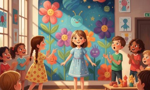 Léa, 8 ans, est au centre, visage radieux et sourire timide mais fier, cheveux châtain clair au carré, debout devant la grande fresque qu'elle a peinte, mains posées sur le panneau ; à gauche Camille, 8 ans, nattes brunes et robe jaune à fleurs, applaudit et pointe la fresque, à droite un garçon de 9 ans, cheveux courts et t-shirt vert, bouche ouverte d'étonnement, une autre fille aux cheveux bouclés applaudit derrière lui ; la scène se déroule dans un gymnase transformé en exposition scolaire avec murs couverts de dessins, guirlandes, tables avec sculptures en pâte à modeler et lumière chaude traversant de grandes fenêtres ; la fresque, révélée sous les sourires et compliments des enfants, montre des couleurs vives (fleurs géantes, créatures douces, ciel étoilé) et textures d'acrylique visibles ; style : peinture acrylique pour enfants, coups de pinceau apparents, palette lumineuse et contrastée, composition simple et expressions exagérées et bienveillantes.