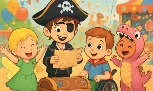 Quatre enfants sont présents : Léo, un garçon de 7 ans en costume de pirate, souriant avec une carte enchantée ; Emma, une fille de 7 ans en fée scintillante, levant les bras ; Max, un garçon de 7 ans en fauteuil roulant avec une cape de super-héros, curieux de la carte ; et Zoé, une fille de 6 ans déguisée en dinosaure rose, sautillant de joie. Ils se trouvent dans un carnaval magique, entourés de couleurs éclatantes, de guirlandes et de ballons. Ils découvrent une grande boîte en bois décorée, marquée d'un X rouge, et sont excités à l'idée d'ouvrir le trésor qu'elle renferme.