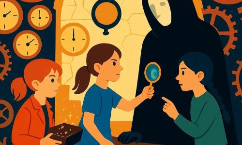 Quatre personnages dans l'intérieur d'une haute tour d'horloges : Lina, 9 ans, cheveux châtain en queue, robe bleue et bottines, debout au centre face à l'Horloger, main tendue vers un petit miroir rond ; Zoé, 9 ans, cheveux courts roux et veste rouge, à gauche, tenant une boîte ouverte d'où s'échappent de petites étincelles lumineuses (les « heures ») ; Inès, 9 ans, cheveux noirs en tresse, pull vert et pantalon brun, à droite, pointant le grand balancier en haut de la tour avec une expression prudente ; et l'Horloger Sans Visage, silhouette adulte en manteau sombre, gants couverts de poussière noire, debout derrière une table d'atelier, visage lisse reflétant faiblement une tristesse dans un petit miroir. La tour circulaire est couverte de cadrans en laiton, rouages géants oxydés et pendules suspendues, une lumière lunaire filtrant par un dôme de verre craquelé, nappes de poussière noire et étincelles flottantes ; les filles confrontent l'Horloger pour qu'il rende les heures lumineuses volées, scène en plan moyen aux contrastes forts entre zones sombres et lumières chaudes, style graphique épuré en aplats de couleur.