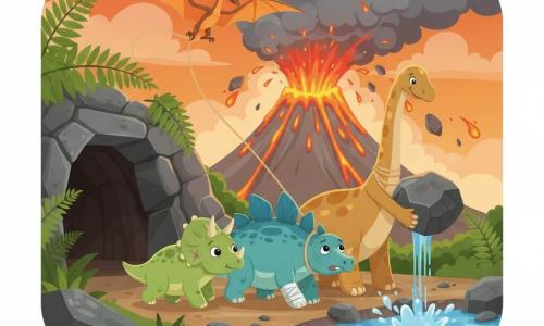 Toto, petit tricératops vert tendre aux trois cornes brillantes et à la petite égratignure frontale, pousse doucement un stégosaure blessé (plaques bleues, patte bandée, visage soulagé) tandis que Dina, grand diplodocus au cou long et taches ocre, soulève des pierres pour dégager le chemin vers une grotte sombre bordée de fougères, et Pipo, ptérodactyle orange, vole au-dessus avec une corde pour stabiliser; en arrière-plan, une montagne volcanique crache lave et fumée créant un contraste dramatique avec les personnages amicaux — style : illustration vectorielle nette, couleurs saturées, contours doux, composition lisible pour enfants.