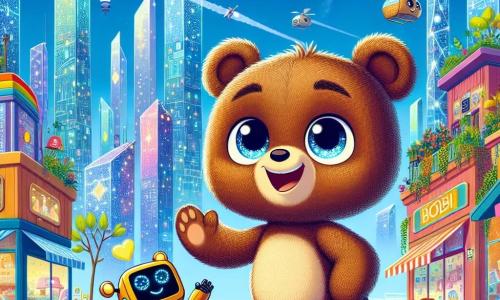 Un ourson nommé Oscar, avec un pelage brun doux et un grand sourire, se tient au centre de la scène, émerveillé par la ville futuriste de Boulonopolis. À ses côtés, un petit robot cubique nommé Cubi, avec des lumières clignotantes, lève un bras en saluant. En arrière-plan, la ville est remplie de gratte-ciels en verre, de voitures volantes et de jardins suspendus. Oscar et Cubi explorent un marché animé, où des vitrines affichent des vêtements changeant de couleur et des cafés servant des boissons flottantes. Oscar pointe du doigt un café flottant, tandis que Cubi explique les merveilles technologiques.