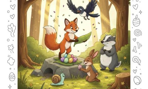 Silex, renard roux à fourrure dense et grande queue, se tient fièrement sur un gros caillou en tenant une feuille comme table pour surveiller le partage des œufs; Mina, pie au plumage noir et blanc, vole au‑dessus du groupe comme sentinelle; Roussette, lapine brune aux longues oreilles, offre un œuf à un petit escargot timide; le blaireau gris et blanc, un peu grognon mais apaisé, veille près d’un petit trou; Lune‑Lente, escargot à coquille nacrée, reçoit un œuf, le tout dans une clairière mousseuse du Grand Bois éclairée de rayons dorés entre vieux chênes, autour d’un tas d’œufs colorés posés sur une grande feuille, animaux rassemblés en cercle partageant joyeusement, quelques confettis et paillettes flottent encore.