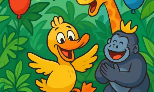 Un canard nommé Marcoulette, avec un bec tordu et des plumes jaunes, se tient au centre de la scène, les yeux pétillants et un large sourire. Il glisse sur une peau de banane, les ailes écartées, prêt à tomber dans les bras de ses amis. À sa droite, Gigi la girafe rit aux éclats, les pattes en l'air, tandis qu'Alfred le gorille, musclé et joyeux, applaudit avec enthousiasme. Le lieu est une piste de danse dans la Serre Tropicale, entourée de plantes luxuriantes et de guirlandes lumineuses. Des ballons colorés flottent et des décorations en forme de bananes sont accrochées. La situation principale montre le Bal de la Banane Royale, où tous les animaux dansent joyeusement, créant une atmosphère de bonheur et de camaraderie.