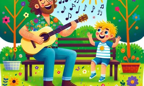 Max, un homme aux cheveux bruns et bouclés, sourit en chantant sur un banc dans un parc ensoleillé, tenant une guitare. À ses côtés, Léo, un garçon de 8 ans aux cheveux blonds, applaudit avec enthousiasme. Le parc est rempli de fleurs colorées et d'arbres verdoyants, avec des papillons multicolores volant autour d'eux. Ils chantent ensemble, créant une ambiance joyeuse et festive.