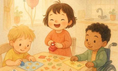 Trois enfants de 3 ans créent des tickets d'anniversaire autour d'une table en bois claire dans une cuisine lumineuse : Lila, cheveux bruns courts avec une mèche rebelle, debout au centre, utilise une petite perforatrice rouge en souriant ; Noé, blond en bataille en t‑shirt jaune à gauche, colle des étoiles et tient un tampon bleu ; Samir, cheveux noirs frisés à droite, porte une veste verte, colle des soleils dorés et pousse un fauteuil à roulettes. La table est couverte de feuilles colorées, crayons, autocollants brillants, boîte de chapeaux en papier et ballons pastel près d'une fenêtre laissant entrer une chaude lumière matinale ; l'ambiance est joyeuse et complice, style aquarelle.