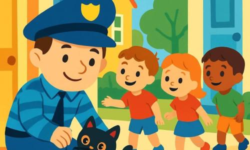 Un policier souriant, Monsieur Paul, porte un grand chapeau bleu et un uniforme rayé. Il s'accroupit avec bienveillance, regardant un petit chat noir aux yeux brillants qui se frotte contre sa jambe. À côté de lui, trois enfants joyeux, deux garçons et une fille, âgés de 6 à 8 ans, en t-shirts colorés et shorts, explorent avec curiosité. La scène se déroule dans une rue animée d'un quartier paisible, avec des maisons colorées, des arbres verts et des fleurs éclatantes. Monsieur Paul et les enfants cherchent le propriétaire du petit chat perdu, affichant des expressions d'entraide et de camaraderie.
