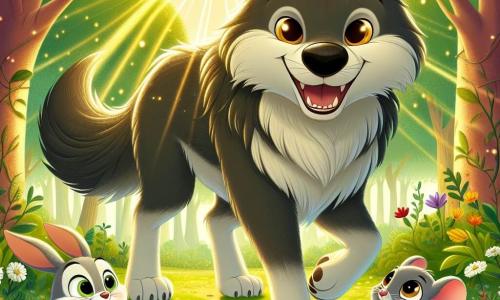Au centre de l'image, un grand loup au pelage sombre et aux yeux brillants, avec une expression douce, se tient dans une clairière ensoleillée. À sa droite, un petit lapin blanc nommé Léo saute joyeusement, et à gauche, Mia, une petite souris grise, regarde le loup avec surprise tout en tenant une petite fleur. La clairière est entourée d'arbres majestueux et de fleurs colorées, créant une atmosphère magique. Léo et Mia, après avoir surmonté leur peur, rencontrent le loup pour la première fois, découvrant qu'il est un ami potentiel. L'image capture ce moment de surprise et de joie, symbolisant le début d'une belle amitié.
