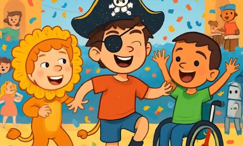 Trois personnages sont présents : Noah, un garçon de 8 ans avec des cheveux bruns en bataille, un chapeau de pirate scintillant et un cache-œil noir, qui danse joyeusement au centre de la scène ; Léo, un garçon de 7 ans déguisé en lion avec des cheveux blonds bouclés et des taches de rousseur, qui danse autour de Noah ; et Sam, un garçon de 8 ans en fauteuil roulant, décoré de serpentins, qui lève les bras en rythme. La scène se déroule sur une place animée, avec des lampions colorés et des enfants déguisés dansant autour d'une scène musicale. Les trois amis dansent ensemble, riant et s'amusant, sous une pluie de confettis, créant une atmosphère festive et joyeuse.