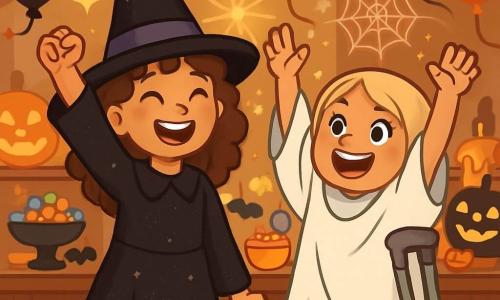 Deux personnages principaux : Emma, une fille de 10 ans aux cheveux bouclés et bruns, souriante dans un costume de sorcière noir avec des paillettes, se tient à gauche avec un chapeau pointu. Léa, également âgée de 10 ans, a des cheveux lisses et blonds, utilise une béquille et porte un déguisement de fantôme blanc, souriante, à droite d'Emma. La scène se déroule dans une salle de fête d'Halloween, décorée de citrouilles lumineuses, de toiles d'araignées et de guirlandes d'automne, avec des ballons noirs et oranges au plafond et une table remplie de friandises. Emma et Léa, les bras levés en signe de victoire, célèbrent leur succès après avoir découvert un trésor caché.