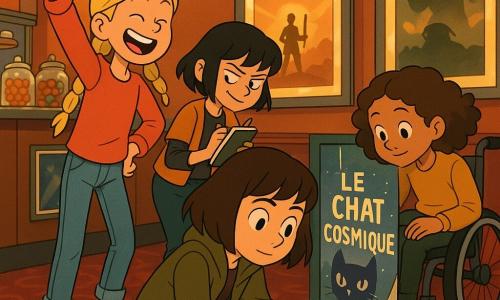 Quatre filles de 12 ans dans un petit cinéma rétro : Lina, châtain foncé en carré, accroupie devant une affiche décollée tirant doucement un boîtier noir entre l’affiche et le mur ; Inès, tresses blondes, jean et baskets rouges, à gauche de Lina, bras levé, sourire triomphant ; Zoé, cheveux courts noirs, carnet et stylo, juste derrière Lina, notant les indices ; Maëlys, boucles brunes en fauteuil roulant moderne, à droite, penchée vers l’affiche observant une trace de scotch au sol; décor : moquette rouge, comptoir snack, affiches encadrées et éclairage chaud; scène : elles examinent une affiche du film « Le Chat Cosmique », coin décollé révélant un boîtier noir, petit popcorn collé à un scotch brillant — atmosphère de mystère chaleureux et d’aventure amicale.
