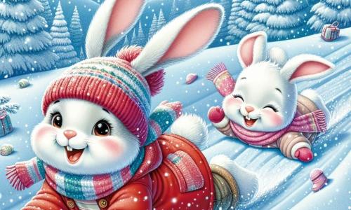 Léo, un jeune lapin aux grandes oreilles et à la fourrure douce, glisse joyeusement sur une pente enneigée, souriant d'excitation. Il porte une veste rouge et un bonnet en laine, ses pattes s'élançant sur la neige scintillante. À ses côtés, sa petite sœur Mia, avec sa fourrure blanche et ses yeux pétillants, rit en essayant de le rattraper, ses joues roses de bonheur. Elle est vêtue d'une veste rose et d'une écharpe colorée, ses oreilles flottant au vent. Le décor est une colline recouverte de neige, entourée d'arbres chargés de flocons, sous un ciel bleu éclatant. Léo et Mia s'amusent ensemble, capturant l'esprit joyeux de l'hiver et leur amour fraternel.