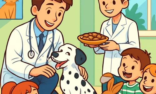 Un vétérinaire souriant d'une trentaine d'années, en blouse blanche et stéthoscope, caresse un chien dalmatien joyeux. À ses côtés, une assistante d'environ 25 ans, avec un chignon, sourit en tenant des biscuits pour animaux. La scène se déroule dans une clinique vétérinaire lumineuse aux murs verts pastel, avec des posters d'animaux et des jouets éparpillés. Ils organisent un jeu éducatif sur l'alimentation des animaux avec des enfants et leurs animaux, créant une atmosphère conviviale.