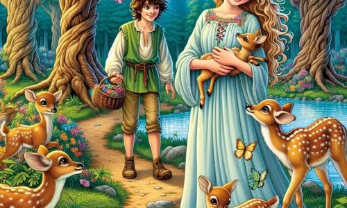 Élodie, une jeune femme aux longs cheveux dorés et aux yeux curieux, se tient au bord d'un lac argenté, souriante. Elle porte une robe légère en coton bleu ornée de fleurs et tend la main vers un petit faon qu'elle vient de libérer, affichant douceur et compassion. À proximité, un jeune garçon d'environ 10 ans, avec des cheveux bruns en bataille et des yeux émerveillés, observe la scène. Vêtu d'une tunique verte et d'un pantalon en toile, il tient un panier de baies, admirant le lien entre Élodie et le faon. Le paysage est une forêt enchantée avec de grands arbres, des fleurs multicolores et des papillons. Élodie libère le faon pris dans un buisson épineux, tandis que le garçon, émerveillé, assiste à cette scène touchante, symbole de l'harmonie entre l'humain et la nature.