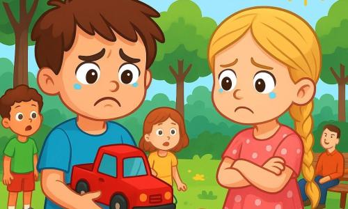 Un garçon de 6 ans, Max, avec des cheveux bruns en bataille et des yeux curieux, tient un camion rouge. Il exprime frustration et tristesse, tandis qu'à côté, Léa, une fille de son âge aux cheveux blonds tressés et en robe rose à pois, regarde le camion avec désolation, les bras croisés sur l'herbe. Le parc est ensoleillé, avec de grands arbres et des fleurs colorées. Une couverture à carreaux est près d'un banc où des parents sourient en observant les enfants. Max et Léa se disputent le camion rouge, les larmes aux yeux, sous le regard intrigué d'autres enfants, créant une tension palpable malgré l'atmosphère chaleureuse.