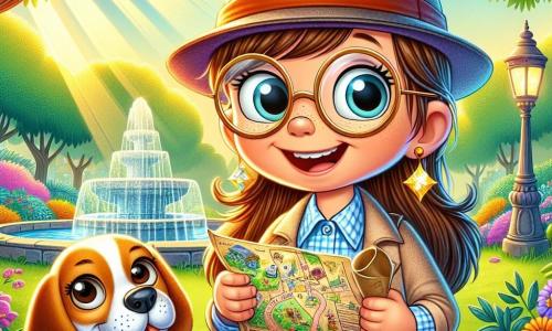 Emma, une petite fille de 6 ans avec de longs cheveux bruns et des lunettes rondes, sourit en tenant une carte au trésor. Elle porte un chapeau de détective et une loupe autour du cou, montrant son enthousiasme. À ses côtés, Max, un beagle aux oreilles tombantes, regarde la carte avec curiosité. La scène se déroule dans un parc verdoyant avec des arbres, des fleurs colorées et une fontaine. Emma et Max ont découvert un coffre mystérieux derrière un buisson, intrigués par un bruit étrange, et s'apprêtent à l'ouvrir pour révéler son contenu.