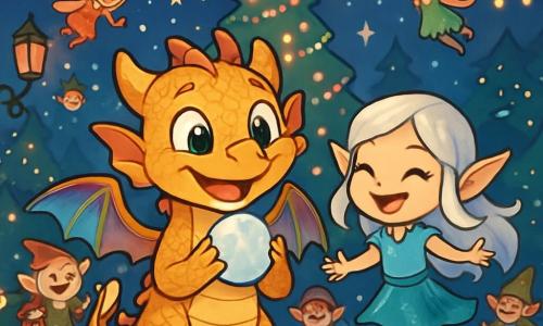 Un petit dragon nommé Flammèche, aux écailles dorées et aux ailes arc-en-ciel, sourit en tenant une boule de neige magique. Ses yeux brillent d'excitation au centre d'une place animée, entouré de créatures fantastiques. À ses côtés, l'elfe Glisselda, avec des cheveux argentés, danse joyeusement, flottant légèrement au-dessus du sol. La place est décorée de sapins géants ornés de lumières et de guirlandes, tandis que des fées et des lutins préparent une grande fête de Noël. La neige tombe doucement, créant une atmosphère magique et festive, avec Flammèche et Glisselda organisant une fête des lumières sous un ciel étoilé.
