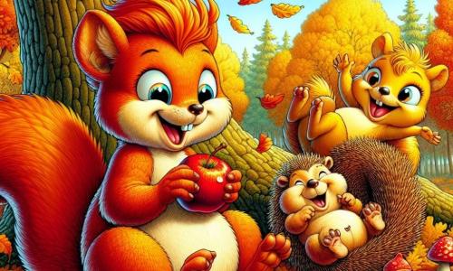 Un jeune écureuil nommé Noisette, au pelage roux et à la queue en panache, est assis sur une branche d'un chêne, tenant une petite pomme rouge. À ses côtés, sa cousine Plumine, une écureuillette dorée, tisse un collier de feuilles colorées, rayonnante de joie. Un hérisson, Héribert, s'amuse dans les feuilles dorées au sol. La forêt d'automne est vibrante avec des feuilles rouges, oranges et jaunes, créant un tapis coloré. La lumière du soleil illumine la scène. Noisette et ses amis célèbrent l'automne en partageant des trésors de la nature dans une ambiance joyeuse.