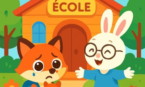 Petit Renard, un renard orange aux grands yeux ronds, se tient devant l'école, l'air inquiet avec une peluche dans les pattes. À côté de lui, Maîtresse Lapine, une lapine douce avec un pelage blanc et des lunettes rondes, sourit chaleureusement, prête à lui faire un câlin. L'école, un bâtiment en bois coloré, est entourée de fleurs et d'arbres, sous un ciel bleu clair. Petit Renard, avec ses oreilles baissées, ressent une peur palpable, tandis que Maîtresse Lapine essaie de le rassurer.
