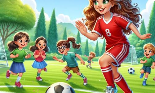 Clara, une femme joyeuse d'environ 25 ans, porte un maillot rouge vif et des chaussures de football brillantes. Elle dribble un ballon de football avec agilité, entourée d'enfants qui l'observent avec émerveillement. Parmi eux, une petite fille de 8 ans, avec des couettes et un t-shirt bleu, essaie de dribbler le ballon, riant de sa tentative. Un garçon de 9 ans, avec des lunettes et un short vert, applaudit et encourage la petite fille, admirant Clara. La scène se déroule dans un parc verdoyant avec un terrain de football au centre, où les enfants jouent joyeusement. Clara montre aux enfants comment jouer au football, créant une atmosphère de camaraderie et de joie.