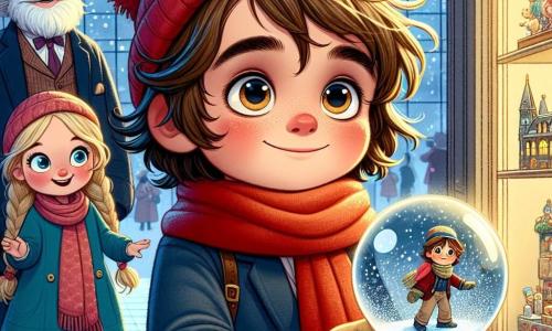 Un garçon de 9 ans, Simon, sourit espièglement au centre de la scène, tenant une boule à neige scintillante avec émerveillement. À côté, une fillette de 8 ans admire la boule, les mains sur ses hanches. En arrière-plan, Monsieur Gaspard, un homme âgé de 60 ans avec une barbe blanche, observe Simon près d'une vitrine de jouets, tenant une locomotive en bois. La scène se déroule sur la grande place de Lumièreville, où un sapin de Noël illuminé trône et des flocons de neige tombent, créant une atmosphère féerique. Simon découvre la magie de Noël, entouré de personnages partageant ce moment de joie.
