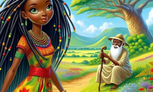 Kadiatu, une jeune femme africaine d'une vingtaine d'années, se tient au sommet d'une colline verdoyante, déterminée et curieuse. Elle a de longs cheveux noirs tressés, ornés de perles colorées, et porte une robe traditionnelle aux motifs vibrants. Ses yeux brillent d'excitation alors qu'elle scrute l'horizon, prête à découvrir un trésor caché. À proximité, un vieux sage d'environ soixante-dix ans est assis sous un baobab, son visage ridé illuminé par un sourire bienveillant. Il porte une tunique en lin beige et un chapeau en paille, observant Kadiatu avec fierté. Le paysage est une colline parsemée de fleurs sauvages, avec un ciel bleu éclatant et une forêt dense au loin. Kadiatu, pleine d'espoir, se prépare à entrer dans la grotte où se trouve le trésor, tandis que le sage lui prodigue des conseils sur l'importance de la ruse et de la sagesse.