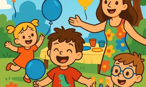 Léo, un petit garçon de 4 ans avec des cheveux bruns en bataille et un grand sourire, est au centre de l'image. Il porte un t-shirt rouge avec un dinosaure et un short bleu, tenant un ballon bleu vif. À ses côtés, sa maman, souriante, l'encourage avec des bras ouverts. Dans le jardin, ses amis Lila, une petite fille de 4 ans avec des cheveux blonds en couettes, et Tim, un garçon de 5 ans avec des lunettes, tiennent un gâteau au chocolat décoré de bougies. Le jardin est coloré avec des fleurs, des ballons et une grande table décorée. Au fond, un arbre offre de l'ombre, et le ciel est bleu avec quelques nuages. La scène montre Léo entouré de ses amis, prêt à souffler sur les bougies de son gâteau d'anniversaire, dans une ambiance festive et joyeuse.