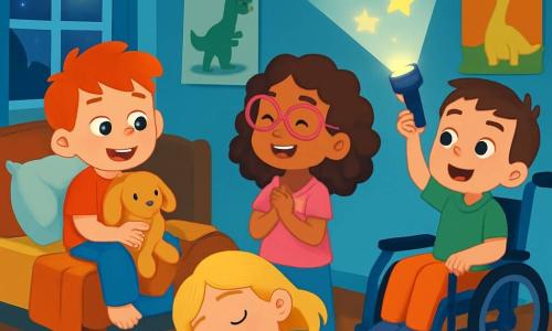 Quatre enfants sont réunis dans la chambre de Tom : Tom, 8 ans, aux cheveux roux, est assis sur son lit avec son doudou ; Léa, 7 ans, porte des lunettes roses et chante à côté de lui ; Lucas, 8 ans, utilise un fauteuil roulant bleu et éclaire le plafond avec une lampe de poche ; Sarah, 7 ans, est allongée sur le tapis, les yeux fermés, rêvant d'histoires. La chambre est décorée de posters de dinosaures, de jouets colorés, avec des murs bleu pastel et une douce lumière de lune créant une ambiance chaleureuse. Les enfants chantent ensemble pour surmonter leur peur du noir, entourés d'étoiles dessinées au plafond.