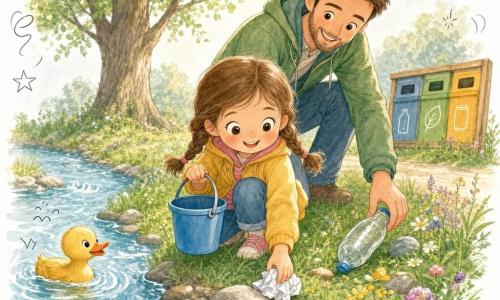 Fille de 4 ans, contente et fière, visage rond, cheveux châtain en deux petites nattes, tient un petit seau bleu et ramasse un papier près d’un caillou ; père d’environ 35 ans, souriant, barbe légère, veste verte, se penche derrière elle pour l’aider à prendre une bouteille en plastique ; petit canard jaune nage à gauche dans la rivière ; rive matinée d’herbe et fleurs sauvages, eau claire à petites vagues, quelques cailloux, grand arbre en arrière-plan et panneau de tri coloré ; scène de nettoyage attentive, la fillette met des déchets dans son seau pendant que le père montre la poubelle de tri ; ambiance lumineuse en couleurs pastel, style crayons et aquarelle avec petites icônes doodle (feuilles, cœurs, flèches) en surimpression.