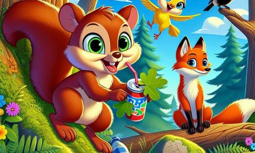 Mimo, un petit écureuil roux aux yeux pétillants, grimpe avec enthousiasme sur une branche d'un grand chêne, souriant tout en tenant une canette de soda. À ses côtés, Lila, une mésange aux plumes jaunes, vole joyeusement autour de lui pour lui montrer un chemin. Plus bas, Rico, un renardeau orange, observe sérieusement, prêt à aider. La scène se déroule dans la forêt de Chêneclair, où de majestueux arbres s'élèvent vers un ciel bleu clair, parsemé de nuages. Au sol, des fleurs colorées émergent des fougères, tandis que des déchets en plastique sont accrochés aux racines des arbres. Mimo et ses amis s'apprêtent à nettoyer leur forêt, unis dans leur mission de protection de la nature.