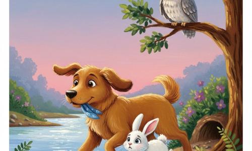 Léo, un chien au pelage brun doré soyeux et aux grandes oreilles rabattues, trottine confiant en tenant un petit foulard bleu dans la gueule et guide Lulu, un petit lapin blanc aux longues oreilles et au pelage duveteux, vers son terrier caché sous un buisson tandis qu'Olympe, une chouette au plumage gris perle et aux yeux jaunes calmes, veille posée sur une branche au bord d'une rivière scintillante au crépuscule, berges fleuries de mauve et fougères, ambiance chaleureuse et couleurs vives aux traits doux.