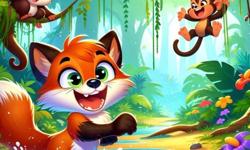 Un renard malicieux nommé Rémi, avec une fourrure orange vif, se faufile à travers une jungle mystérieuse, riant et éclaboussant de l'eau. À ses côtés, Léa la loutre glisse joyeusement dans une flaque, tandis que Max le singe se balance d'une liane, riant aux éclats. La jungle est dense, remplie d'arbres majestueux et de fleurs colorées, ajoutant une touche de magie. Rémi, Léa et Max s'amusent ensemble, illustrant la joie de l'amitié et l'esprit d'aventure.
