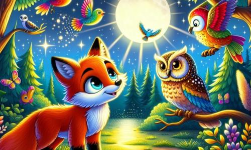 Un renard aux poils flamboyants et aux yeux curieux se tient au centre d'une clairière lumineuse, souriant émerveillé. À sa droite, un hibou sage, perché sur une branche, l'observe avec ses ailes légèrement déployées. À gauche, un oiseau coloré vole en chantant, ajoutant une mélodie enchantée à l'atmosphère. La clairière est entourée d'arbres majestueux sous la douce lumière de la lune, créant une ambiance magique. Le renard, en quête de sens, semble prêt à écouter les conseils de ses amis dans un moment de découverte.