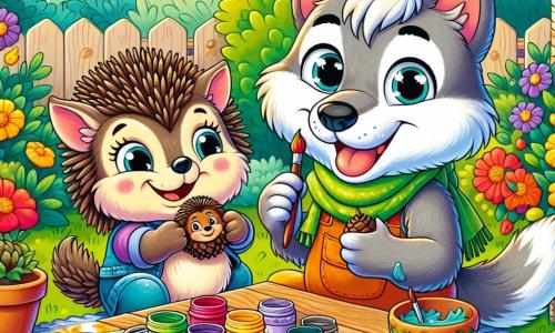 Petit Loup, un jeune loup aux yeux pétillants et à la fourrure grise, est assis à une table de jardin, souriant alors qu'il peint une pomme de pin en vert, entouré de pots de peinture colorés. Sa grand-mère Louve, au pelage brun et aux yeux chaleureux, se tient à ses côtés, riant joyeusement tout en créant un hérisson avec des brindilles. Le jardin est ensoleillé, rempli de fleurs éclatantes, avec un petit étang où des grenouilles chantent, créant une atmosphère joyeuse. Petit Loup et grand-mère Louve partagent un moment créatif et amusant, entourés de la beauté de la nature.
