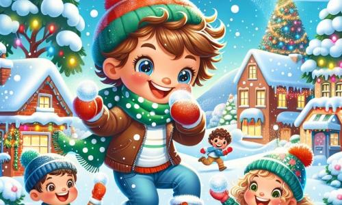 Un petit garçon de 7 ans, Tom, avec des cheveux bruns en bataille et un grand sourire, saute dans un tas de neige fraîche, ses bottes rouges et son écharpe verte à pois flottant derrière lui. À ses côtés, Lucy, une fille de 8 ans aux cheveux bouclés, rit en tenant une boule de neige, tandis que Max, un garçon espiègle de 7 ans avec un bonnet bleu, se prépare à en faire une. Le paysage montre un charmant village sous un ciel bleu clair, avec des maisons recouvertes de neige et des arbres ornés de flocons scintillants. Au loin, un grand sapin décoré brille, ajoutant une touche festive. Les enfants sont en pleine bataille de boules de neige, riant et s’amusant dans la neige.