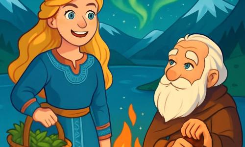 Freya, une femme viking aux cheveux dorés et aux yeux déterminés, se tient au bord d'un fjord scintillant, souriante. Elle porte une tunique bleue ornée de motifs nordiques et son panier est rempli d'herbes fraîches. À ses côtés, Bjorn, un homme de 70 ans avec une longue barbe blanche, l'observe avec admiration, tenant un bâton de marche sculpté. Le paysage est majestueux avec des montagnes enneigées en arrière-plan, un ciel étoilé et des aurores boréales illuminant la nuit. Freya et Bjorn rassemblent le village autour d'un feu, partageant histoires et rires, transformant la nuit froide en un moment chaleureux de camaraderie et d'espoir.