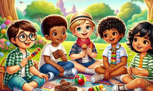 Dans un parc ensoleillé, cinq enfants se rassemblent autour d'une grande couverture colorée. Max, 8 ans, sourit en tenant un plat de biscuits au chocolat. Léo, 7 ans, se tient à côté de lui avec une brochette de fruits. Sam, 9 ans, raconte une histoire en face de Max, tandis que Noé, 8 ans, se prépare à jouer avec un ballon rouge. Amina, 6 ans, écoute attentivement. Le parc est verdoyant, avec des arbres, des fleurs et un ciel bleu. Les rires des enfants créent une ambiance joyeuse, célébrant leur amitié et la diversité dans un moment de bonheur collectif.