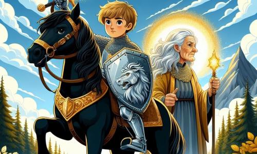 Au premier plan, Arthur, un jeune chevalier de 12 ans, se tient sur son cheval noir, portant une armure brillante et brandissant une épée magique. À ses côtés, une vieille femme aux cheveux argentés se transforme, entourée d'une lueur dorée, et semble reconnaissante envers lui. En arrière-plan, une montagne majestueuse se dresse sous un ciel bleu clair, avec une forêt dense à ses pieds. Arthur est prêt à combattre un dragon féroce qui apparaît au sommet de la montagne, tandis que la vieille femme l'observe avec espoir.