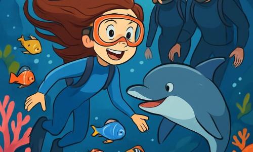 Lina, une fille de 12 ans aux longs cheveux bruns, porte une combinaison de plongée bleue et exprime une joie et une curiosité en explorant les profondeurs marines. Un dauphin amical, aux écailles grises, nage à ses côtés, l'invitant à le suivre. En arrière-plan, ses parents, en combinaisons de plongée, l'observent avec fierté et inquiétude. Ils se trouvent dans un récif corallien coloré, avec des coraux roses, oranges et violets, ainsi que des poissons multicolores. Lina découvre un monde sous-marin magique en suivant le dauphin vers une cavité lumineuse.