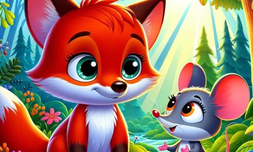 Un petit renard roux, nommé Rouxy, se tient au milieu d'une forêt verdoyante. Inquiet, ses oreilles baissées et un regard hésitant, il est encouragé par une petite souris grise nommée Lila, qui lui pose une patte sur l'épaule. La forêt est remplie d'arbres majestueux et de fleurs colorées, créant une atmosphère chaleureuse. Rouxy partage sa peur des bruits de la nuit avec Lila, qui écoute attentivement, prête à l'aider à surmonter ses craintes.