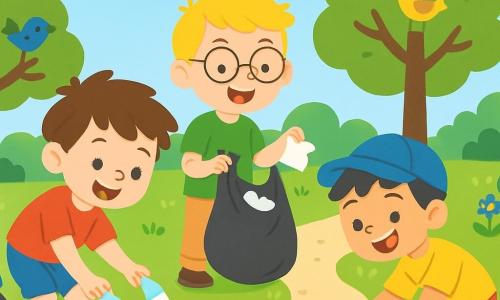 Trois personnages sont présents : Max, un garçon de 8 ans avec des cheveux bruns en bataille, un t-shirt rouge et un short bleu, qui ramasse une bouteille en plastique ; Tom, un garçon de 7 ans avec des cheveux blonds, des lunettes rondes, un t-shirt vert et un pantalon beige, qui tient un sac poubelle et ramasse un morceau de papier en souriant ; et Leo, un garçon de 6 ans avec des cheveux noirs et une casquette bleue, un t-shirt jaune et un short à rayures, qui est accroupi et ramasse des déchets avec enthousiasme. L'action se déroule dans un parc ensoleillé, rempli de fleurs colorées et d'arbres verts. Les trois amis nettoient le parc en riant, entourés de sacs poubelles, rendant l'endroit de plus en plus propre et joyeux.