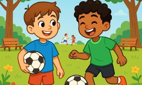 Maxime, un garçon de 10 ans aux cheveux châtains et aux yeux curieux, sourit en tenant un ballon de football sous son bras. Il porte un t-shirt bleu vif et un short rouge, sur un terrain de jeu verdoyant entouré de fleurs. À ses côtés, Ali, un autre garçon de 10 ans d'origine arabe avec des cheveux noirs bouclés, rit en dribblant le ballon. Il est légèrement en avant de Maxime, vêtu d'un maillot vert et d'un short noir. Le parc est ensoleillé, avec des arbres, un ciel bleu et des enfants jouant au loin. Maxime et Ali jouent ensemble au football, riant et s'amusant, illustrant leur amitié et leur tolérance malgré leurs différences.