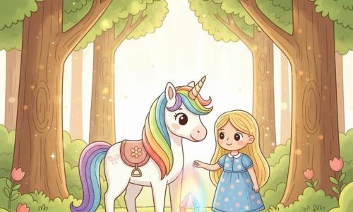 Une licorne blanche nommée Étoile, joyeuse et bienveillante, crinière arc‑en‑ciel brillante, yeux doux, portant une petite selle florale, pose un cristal arc‑en‑ciel sur un socle de pierre au centre d'une clairière; à côté d'elle, Lila, 7 ans, cheveux blonds longs, robe bleue à fleurs, souriante, tient doucement la crinière. La clairière, entourée d'arbres très hauts aux feuilles vert vif et d'un tapis de fleurs multicolores, est traversée de rayons dorés; le cristal diffuse des faisceaux colorés qui réveillent les couleurs de la forêt. Ambiance magique, lumineuse et chaleureuse, composition centrée, couleurs saturées mais douces, traits ronds et contours simples, arrière‑plan épuré.
