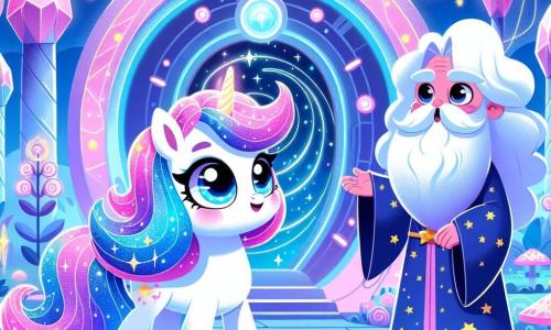Au centre de l'image, Lila, une jeune licorne aux couleurs chatoyantes, regarde avec émerveillement le Portail des Possibilités, une machine futuriste entourée de lumières clignotantes. À ses côtés, un vieux sage à la barbe nuageuse et au sourire bienveillant, vêtu d'une robe étoilée, l'observe avec amusement. Le décor est le Parc des Merveilles de Lumiland, un lieu féérique avec des arbres en cristal et des lumières multicolores. Lila, prête à franchir le portail, est encouragée par le sage, créant une atmosphère d'excitation et de mystère.