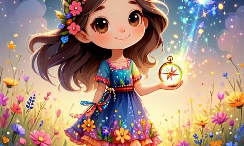 Lila, une fille de 11 ans, se tient au centre de l'image, les yeux brillants de curiosité. Elle a de longs cheveux châtains et porte une robe colorée à motifs floraux. Dans sa main, elle tient une petite boussole magique qui scintille. À ses côtés, Florelle, un oiseau multicolore, vole joyeusement autour d'elle. Le décor est celui de la Forêt des Murmures, avec des arbres majestueux aux feuilles scintillantes. Lila est prête à entrer dans un monde magique, émerveillée par une grande porte en bois ornée de motifs floraux qui s'ouvre devant elle, révélant un chemin scintillant.