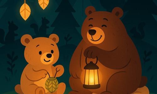 Marceau, petit ours en peluche brun clair, rond et souriant, tient une petite lanterne tressée en feuille et s'appuie vers son ami ; Ernest, grand ours au pelage noisette foncé, un peu bourru mais doux, aux yeux plissés de joie, tient une lanterne allumée et est assis à droite sur un coussin moelleux ; autour d'eux quelques écureuils et une chouette en retrait regardent la scène, la clairière herbeuse est cerclée de pins stylisés avec des lanternes en feuille suspendues et des reflets jaunes-ambre au sol — scène centrée et intime de deux amis partageant une lumière douce pendant la nuit du Ramadan, couleurs chaudes, contrastes doux, formes simples et rondes pour un rendu enfantin et chaleureux.