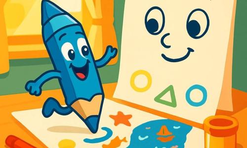 Petit Crayon, un crayon bleu vif avec un grand sourire, saute joyeusement sur une grande feuille de papier blanche. Ses yeux brillent d'excitation alors qu'il dessine des formes colorées. Grande Feuille, la feuille blanche à côté de lui, l'encourage à transformer ses erreurs en belles créations. La scène se déroule dans une chambre ensoleillée, avec des crayons colorés éparpillés et un pot de peinture sur la table. Ensemble, ils créent un tableau coloré, transformant une erreur en une magnifique rivière pleine de poissons et de petits bateaux, illustrant la magie de l'enthousiasme et de la créativité.