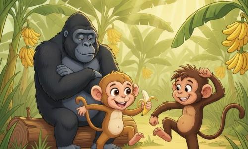 Gigi, petite guenon espiègle aux yeux ronds et pelage fauve clair tâché de blanc, saute en tenant une demi-banane avec un large sourire pendant que Tony, jeune mâle plus grand au pelage brun et cheveux en bataille, danse à ses côtés de façon comique ; un grand gorille au poil noir luisant, attendri, les observe depuis un tronc de bananier renversé ; en arrière-plan une bananeraie luxuriante (feuilles vert émeraude, grappes de bananes jaunes, herbes hautes), sol jonché de feuilles et quelques bananes écrasées, ambiance joyeuse et mouvement accentué, composition centrée avec beaucoup d'espace négatif pour du texte, style illustration vectorielle nette aux contours doux, palette vive (jaune, vert, brun) et ombres simples.